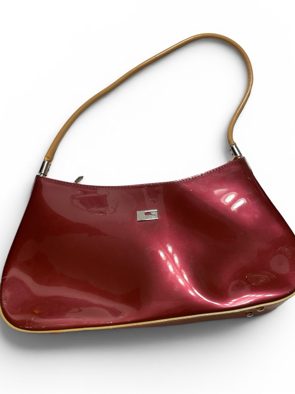 Designer Patent Leather Red Shoulder Bag with Tan Strap
